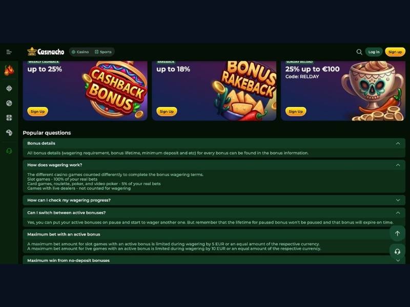 Casinacho Casino (Nacho Casino) bonuses for Canadian players: welcome package, cashback and how all promotions work