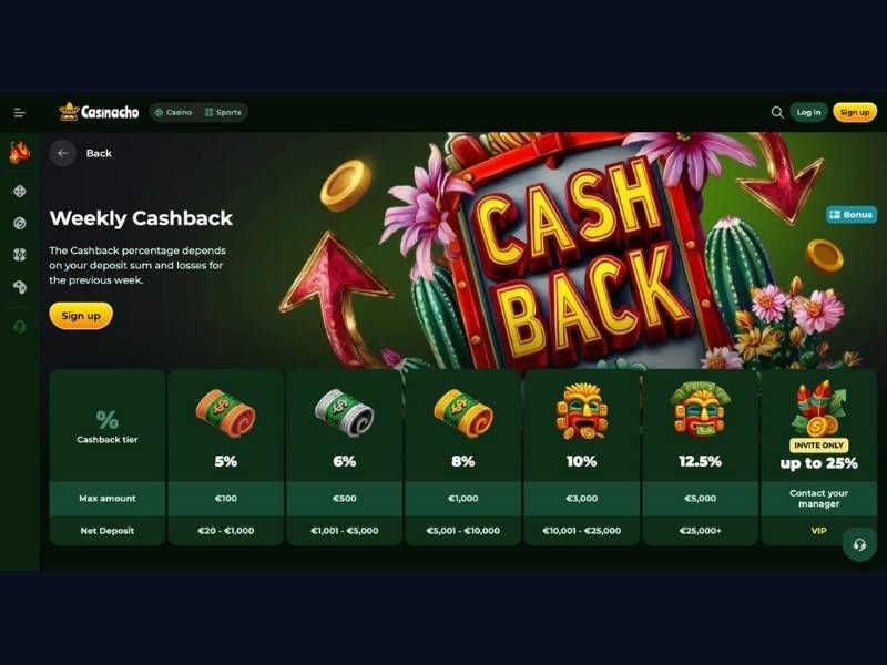 Weekly cashback at Casinacho Casino Nacho Casino for Canada — real money without requirements